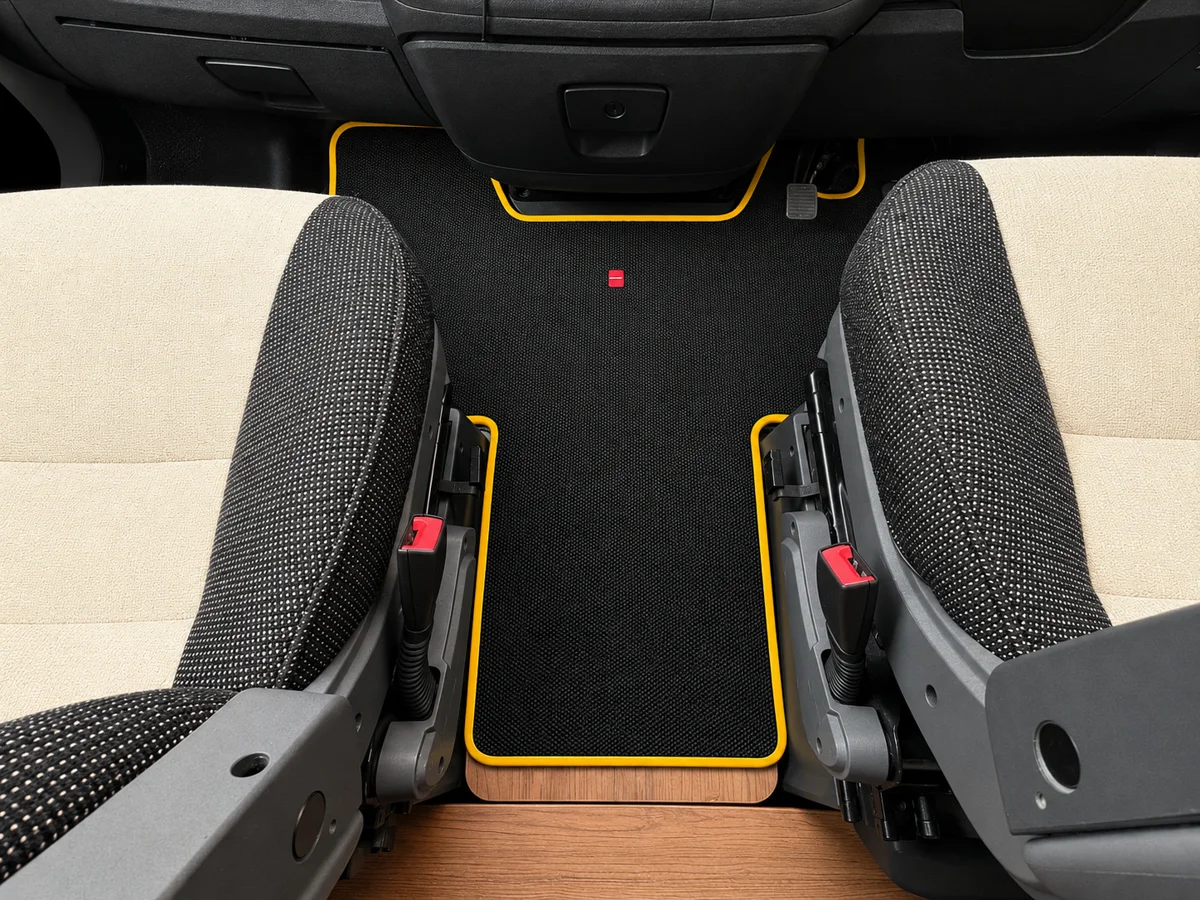 Maxmats cab mat fitted between motorhome seats